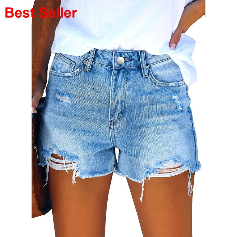 Mid-High Waisted Ripped Denim Shorts Stretchy Jean Shorts